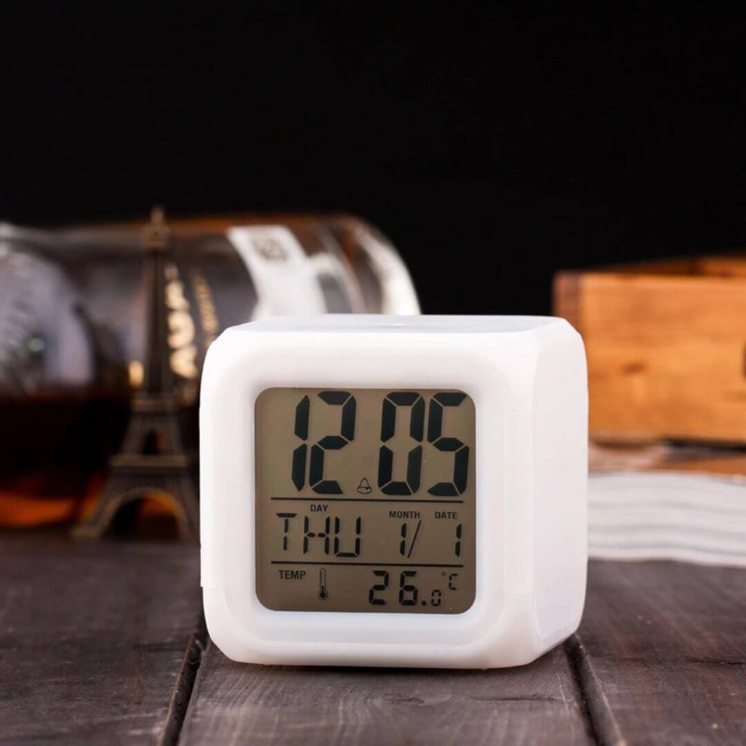 Colorful Cube Digital Clock - Abs Acrylic, Square Shape, White Color | Led Colour Changing, Digital Lcd, Alarm, Thermometer, Night Light Functions