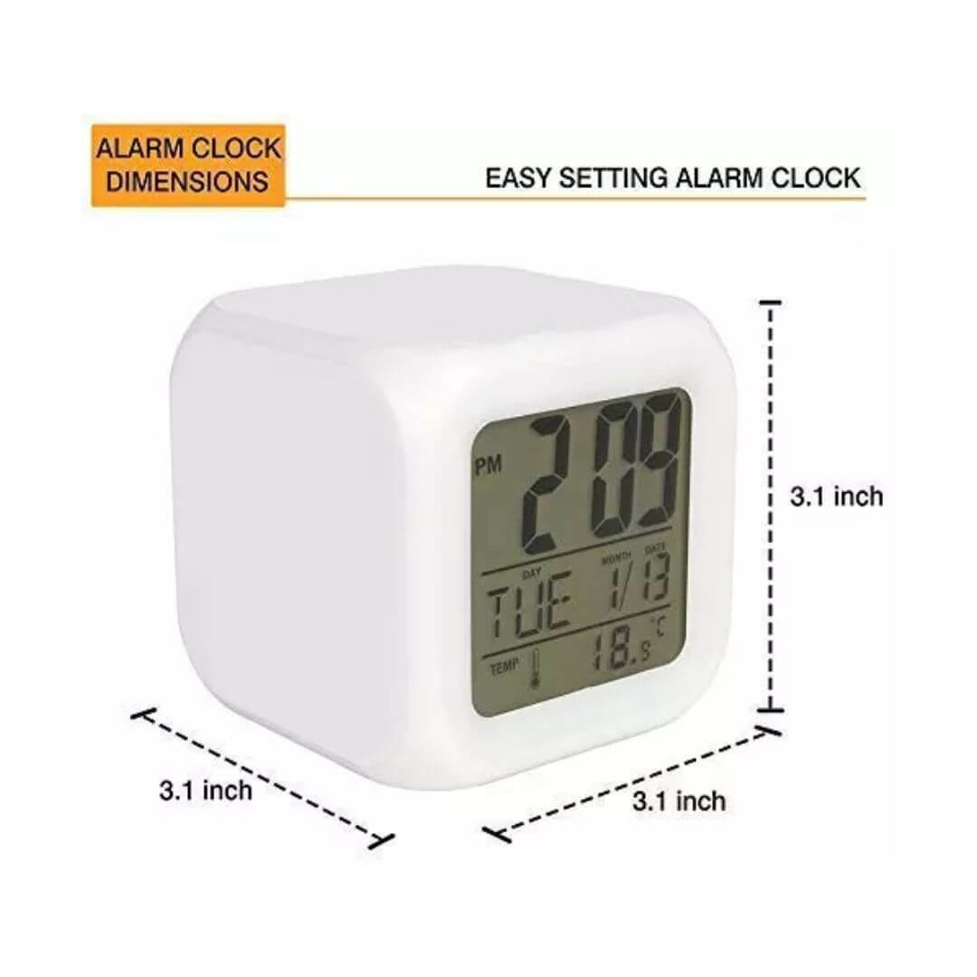 Colorful Cube Digital Clock - Abs Acrylic, Square Shape, White Color | Led Colour Changing, Digital Lcd, Alarm, Thermometer, Night Light Functions
