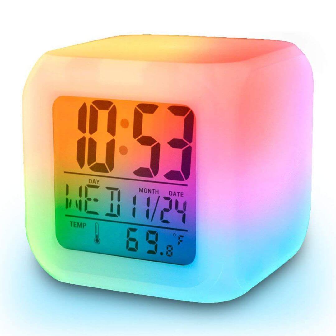 Colorful Cube Digital Clock - Abs Acrylic, Square Shape, White Color | Led Colour Changing, Digital Lcd, Alarm, Thermometer, Night Light Functions