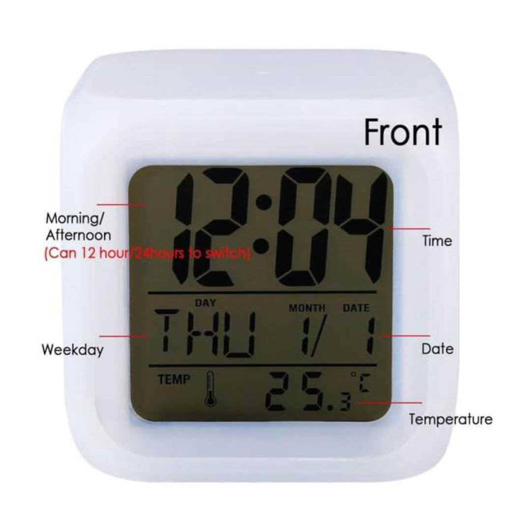 Colorful Cube Digital Clock - Abs Acrylic, Square Shape, White Color | Led Colour Changing, Digital Lcd, Alarm, Thermometer, Night Light Functions