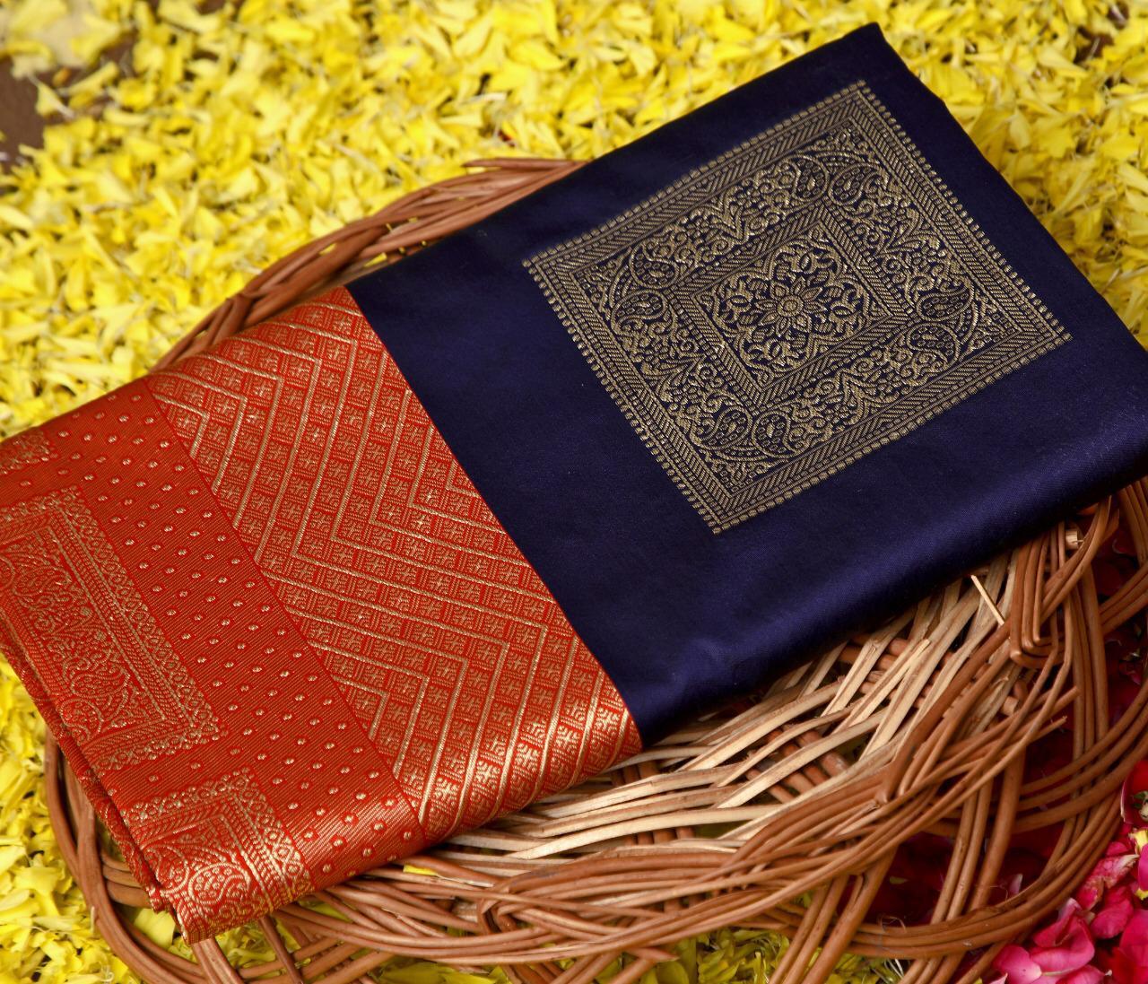 Riwayat Classical Art Woven Kanchipuram Litchi Silk Saree - Metallic Blue, Black & Green With Golden Zari | Traditional Checks, Shiny Gold Blouse, Rich Pallu
