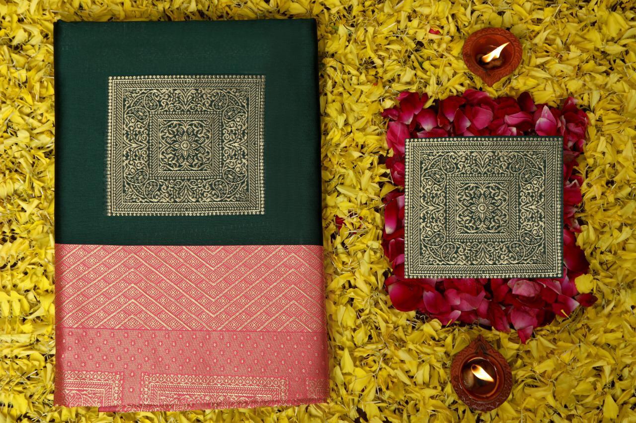 Riwayat Classical Art Woven Kanchipuram Litchi Silk Saree - Metallic Blue, Black & Green With Golden Zari | Traditional Checks, Shiny Gold Blouse, Rich Pallu