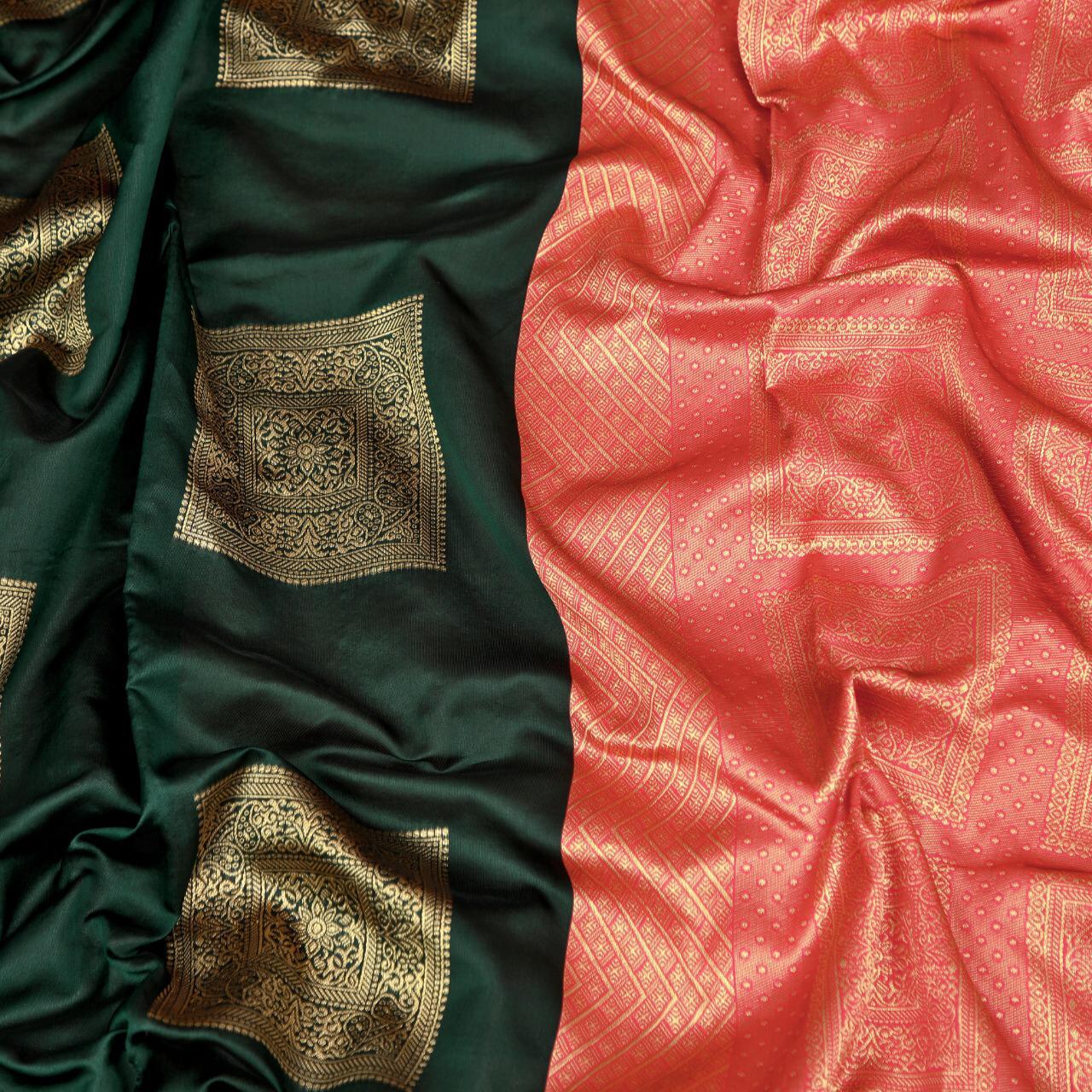 Riwayat Classical Art Woven Kanchipuram Litchi Silk Saree - Metallic Blue, Black & Green With Golden Zari | Traditional Checks, Shiny Gold Blouse, Rich Pallu