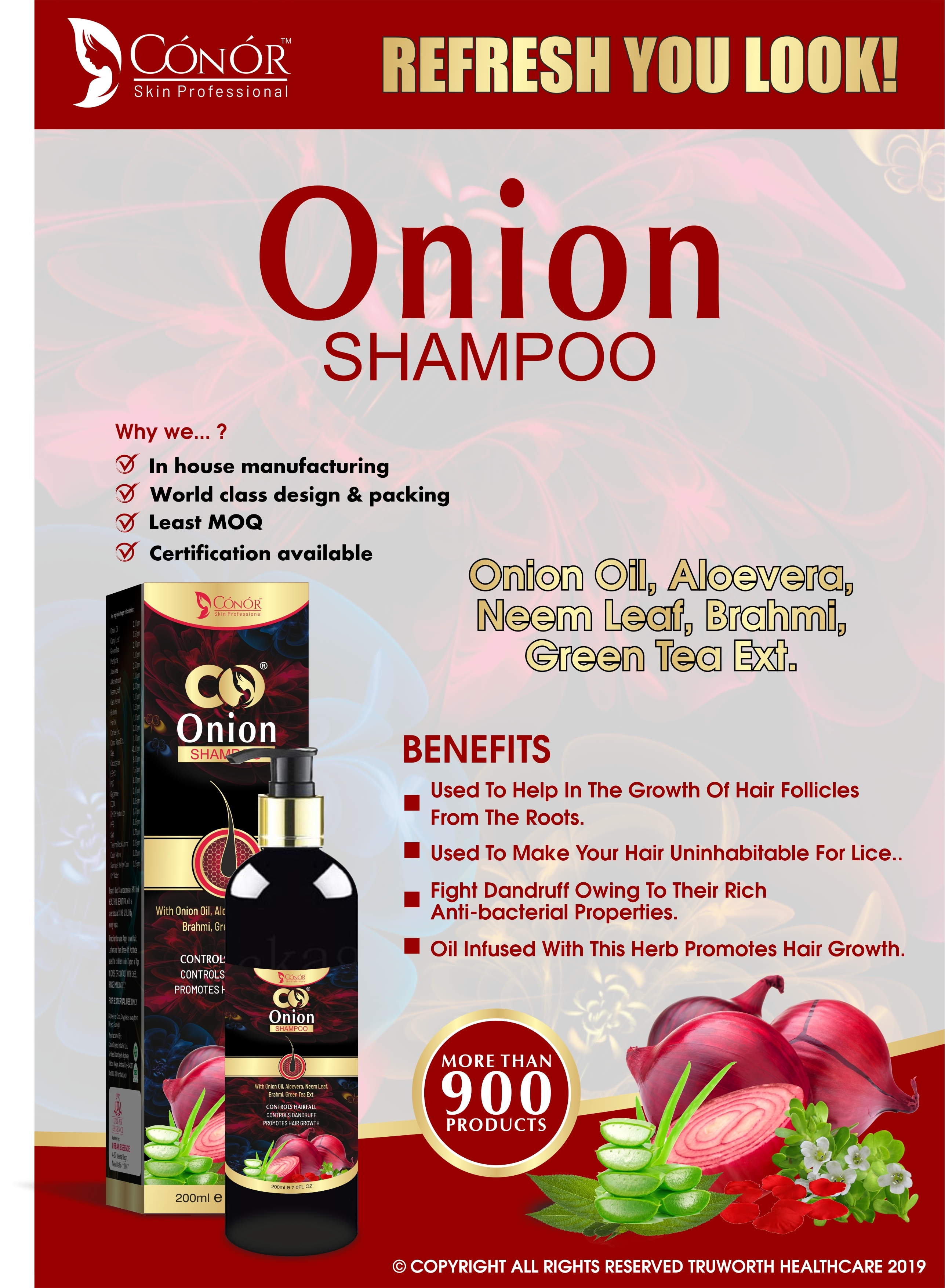 Co Onion Shampoo - Herbal Liquid Formula | Infused With Onion Oil, Curry Leaf, Green Tea Extract, Amla, Manjistha, Aloe Vera For Hair Growth, Anti-dandruff, Lice Protection, All Skin Types, 24 Months Shelf Life