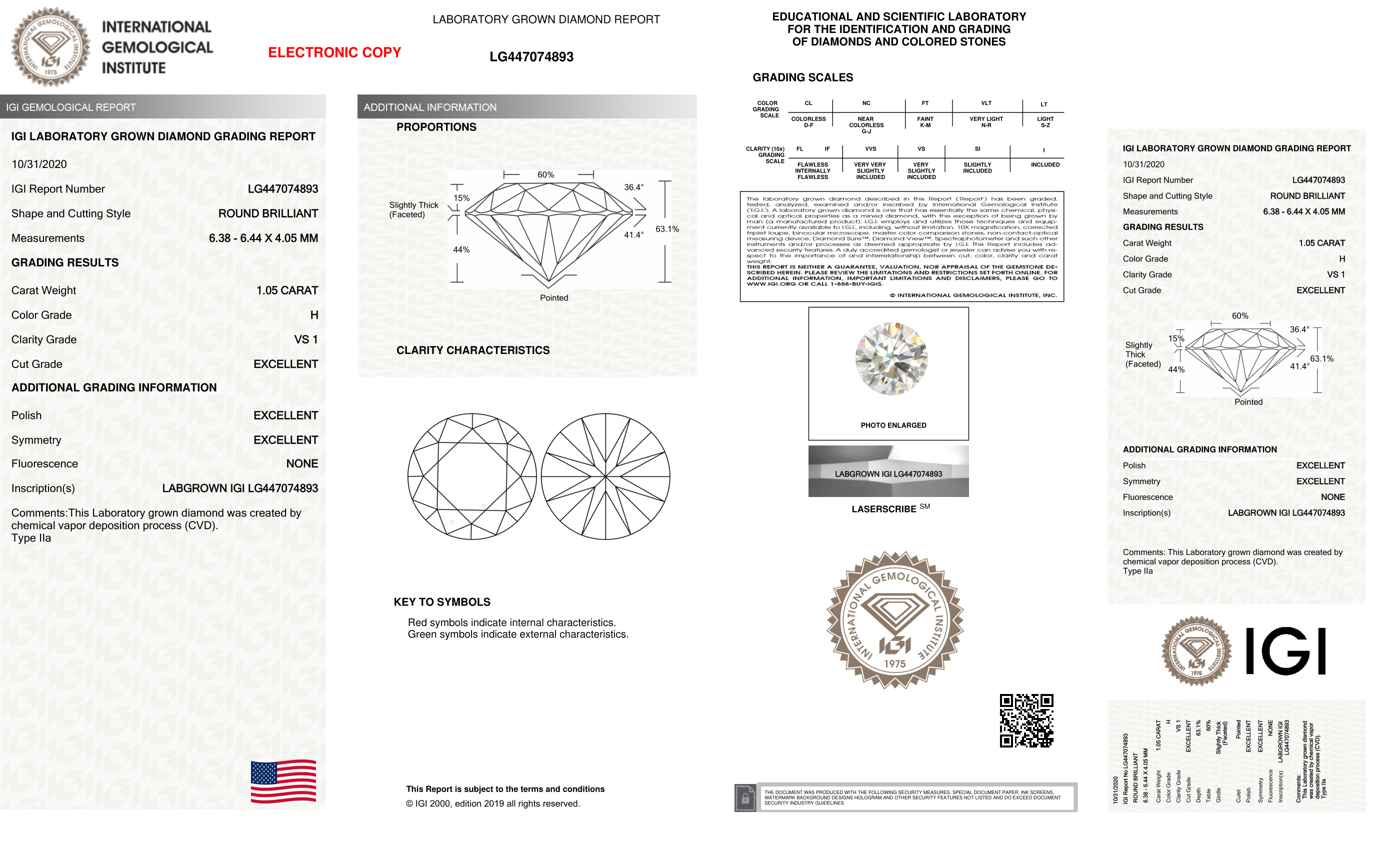 Round Brilliant Cut Cvd 1.05ct Diamond H Vs1 Igi Certified Lab Grown Type2a 447074893 Ideal