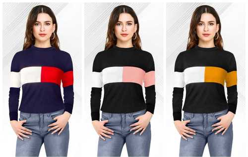 Ladies T-shirt - Knitting Fabric, Available Sizes: S, M, L, XL, O-neck Collar, Full Sleeves, Printed Pattern, 20 Inch Length, Trendy Style