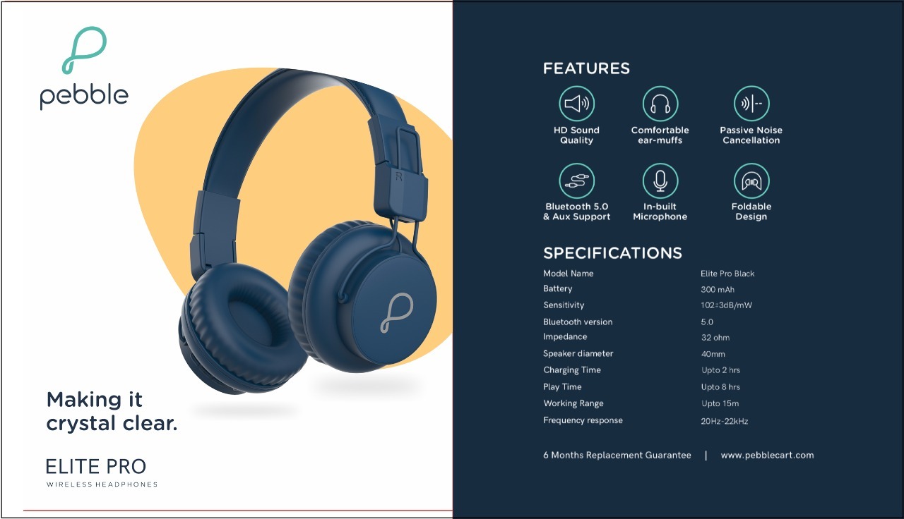 Pebble Elite Pro Wireless Headphone||true Hd Sound|in-built Mic|foldable & Adjustable Warranty: 6 Months Replacement Guarantee