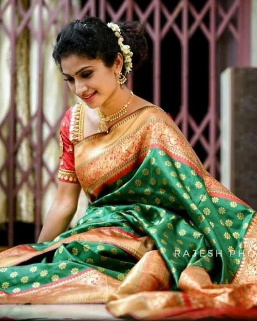 Kanchipuram Silk Saree - Jacquard Woven Brocade With Gold Zari Butti | Floral Vines, Elephants & Horse Motifs, Contrasting Pallu, Ideal For All Seasons