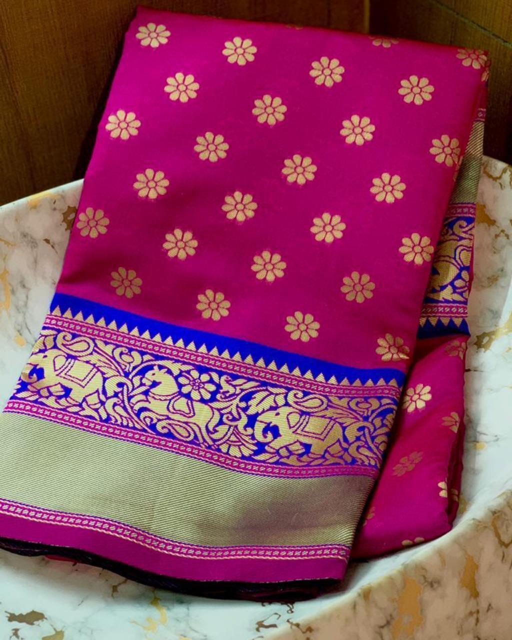 Kanchipuram Silk Saree - Jacquard Woven Brocade With Gold Zari Butti | Floral Vines, Elephants & Horse Motifs, Contrasting Pallu, Ideal For All Seasons