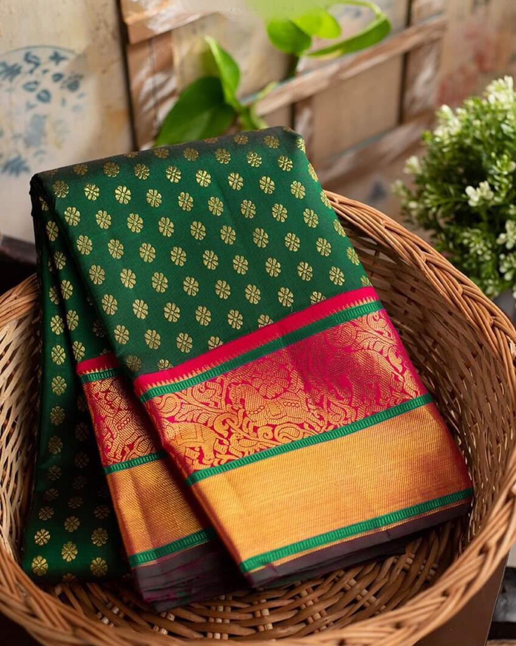 Kanchipuram Silk Saree - Jacquard Woven Brocade With Gold Zari Butti | Floral Vines, Elephants & Horse Motifs, Contrasting Pallu, Ideal For All Seasons