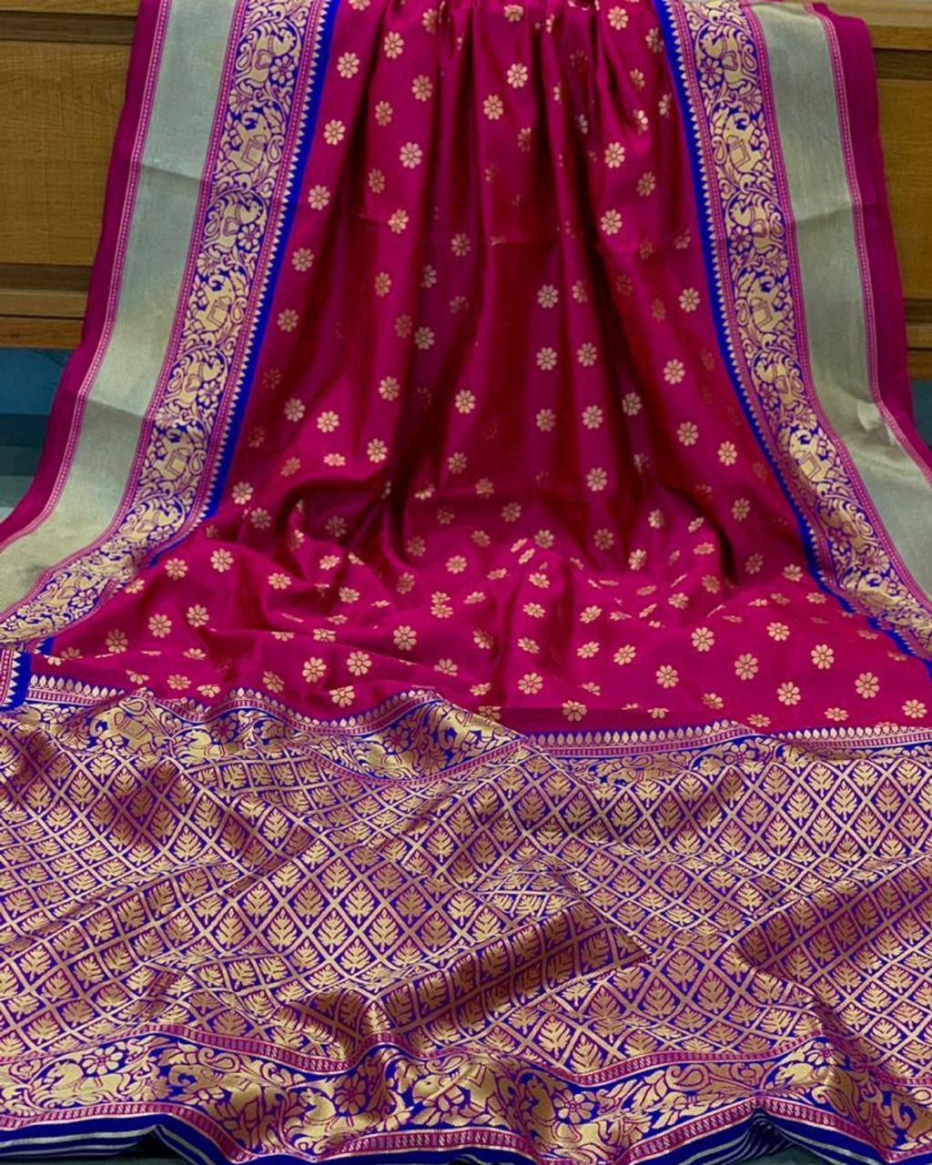 Kanchipuram Silk Saree - Jacquard Woven Brocade With Gold Zari Butti | Floral Vines, Elephants & Horse Motifs, Contrasting Pallu, Ideal For All Seasons