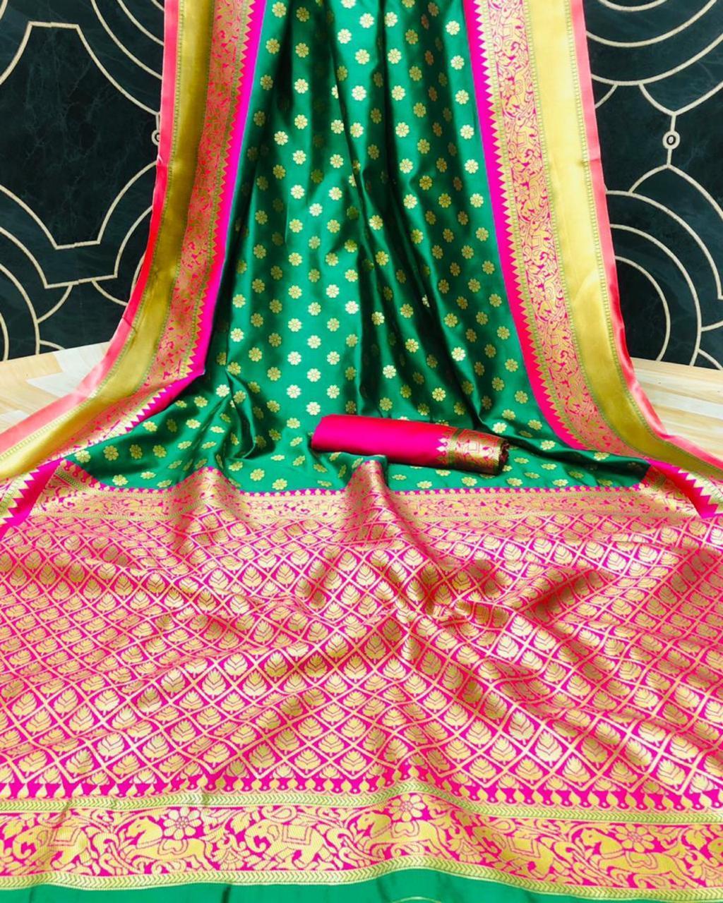 Kanchipuram Silk Saree - Jacquard Woven Brocade With Gold Zari Butti | Floral Vines, Elephants & Horse Motifs, Contrasting Pallu, Ideal For All Seasons