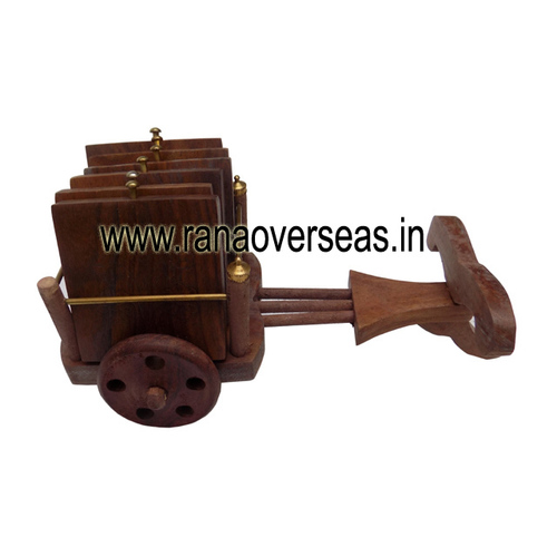 Wood Wooden Carving Brass Inlay Bullock Cart Round And Square Shape Coaster Set
