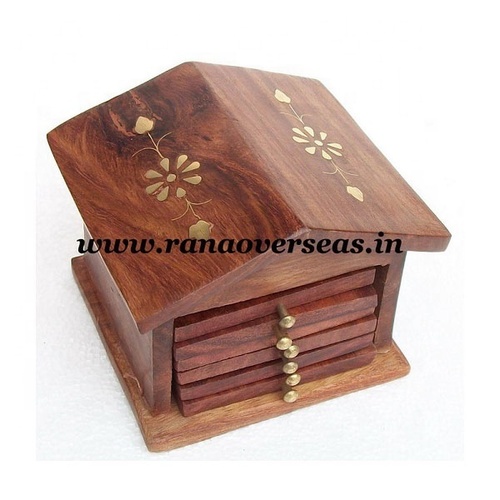 Wood Wooden Hut Shape Brass Inlay Coaster Set