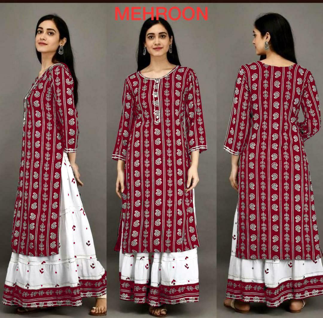 Riyon Kurti - Riyon Fabric With Printed Skirt, L-40 To Xxl-44 Sizes, 3/4 Sleeve, All-season Wear, Breathable, Custom Logo Available