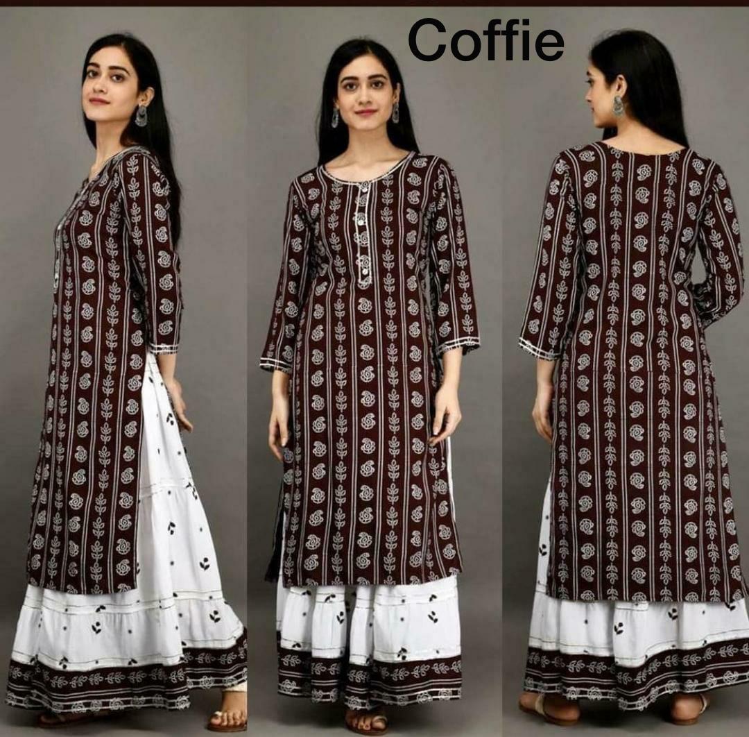 Riyon Kurti - Riyon Fabric With Printed Skirt, L-40 To Xxl-44 Sizes, 3/4 Sleeve, All-season Wear, Breathable, Custom Logo Available