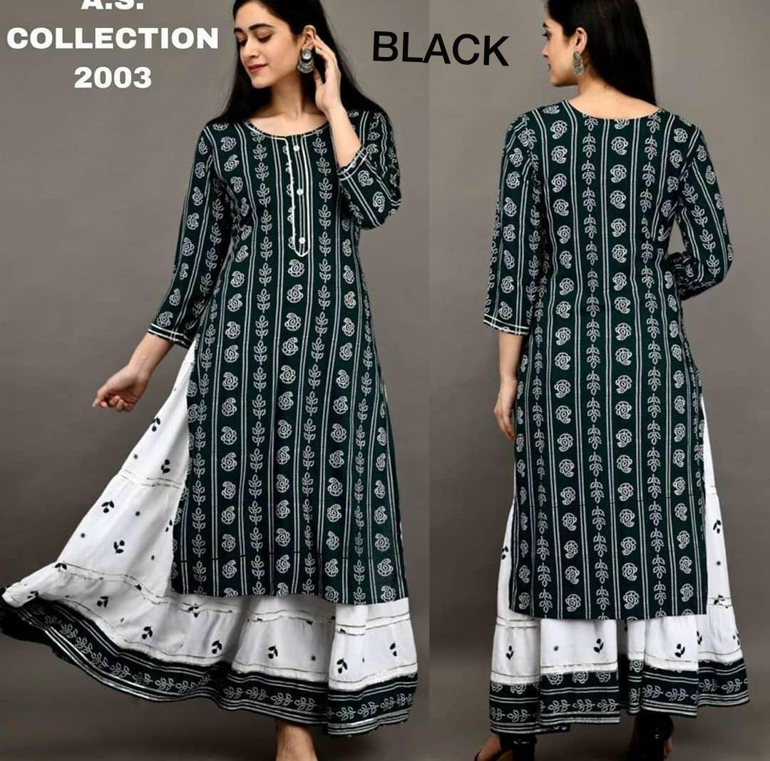 Riyon Kurti - Riyon Fabric With Printed Skirt, L-40 To Xxl-44 Sizes, 3/4 Sleeve, All-season Wear, Breathable, Custom Logo Available