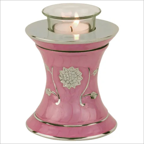 Grace Tealight Urn - Handmade Brass, 5.25x4.25 Inches, Dark Pink Color | Includes Memorial Candle, Velvet Storage Bag, Engraved Silver Flowers