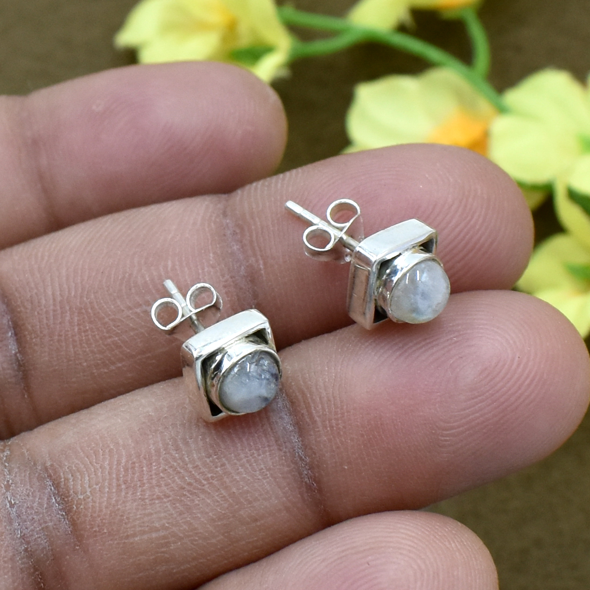 Natural White Rainbow Moonstone Stud Earrings - 925 Sterling Silver Lightweight Design For Women & Girls Ideal For Weddings Engagements And Gifts
