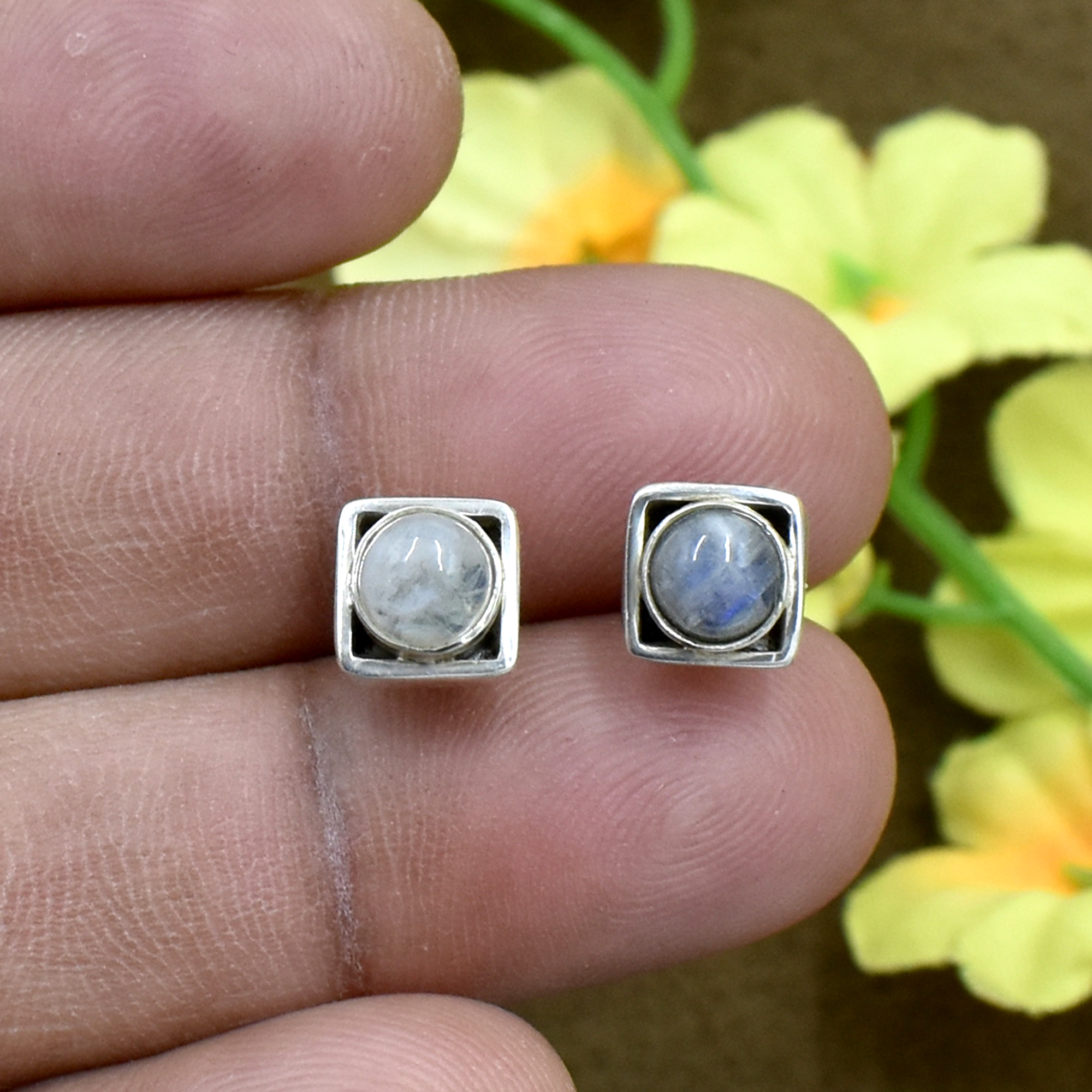 Natural White Rainbow Moonstone Stud Earrings - 925 Sterling Silver Lightweight Design For Women & Girls Ideal For Weddings Engagements And Gifts