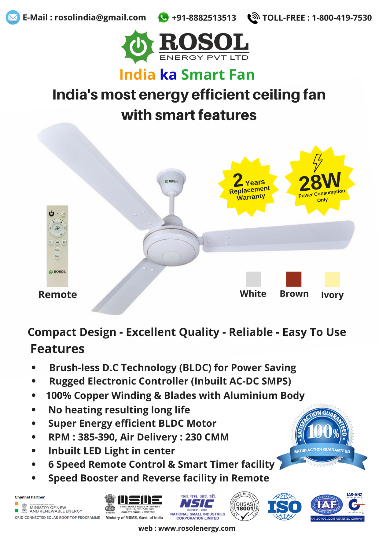 White 28w Ceiling Fan With Lights And Remote