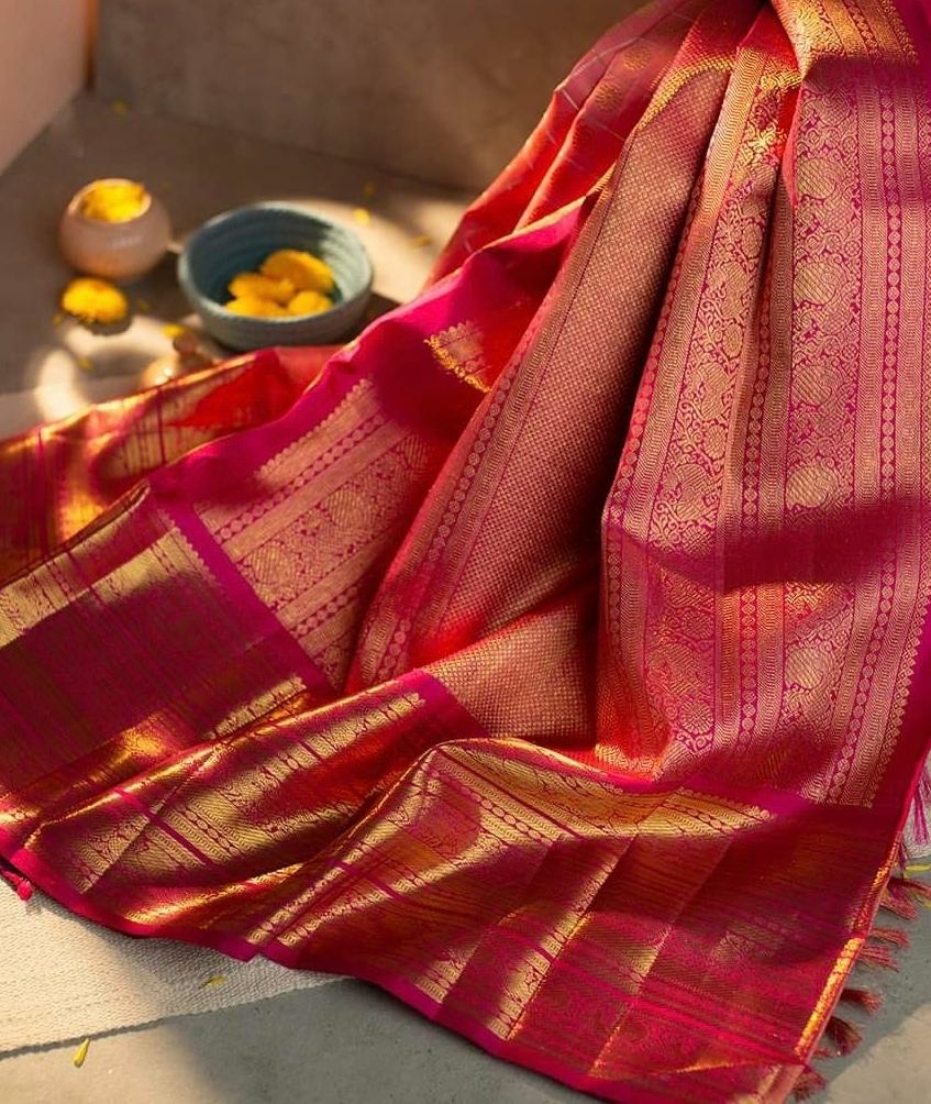 Multi Colour Hevy Rich Gajari Pink Belt With Gold Weaving Zari Border Saree