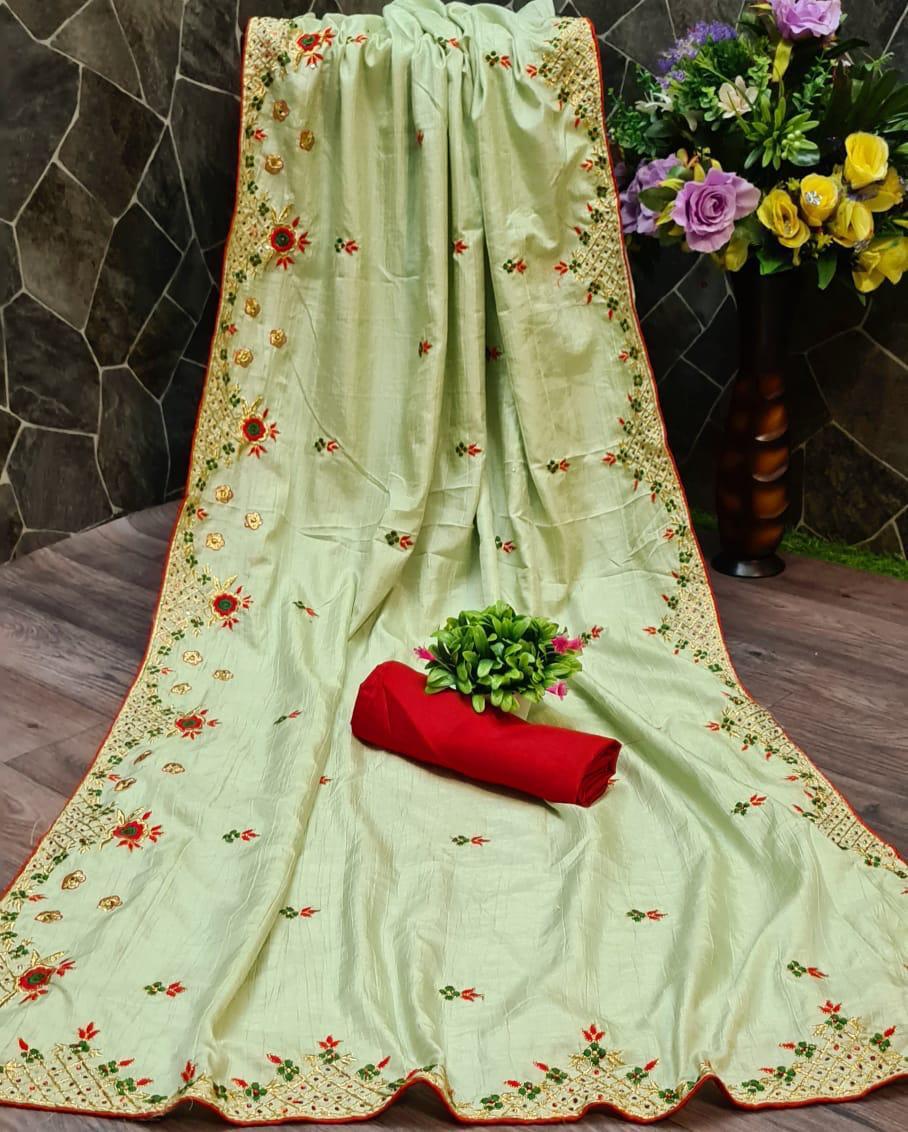 Multy Dola Silk Saree With Embroidery Buti Work & Work Less