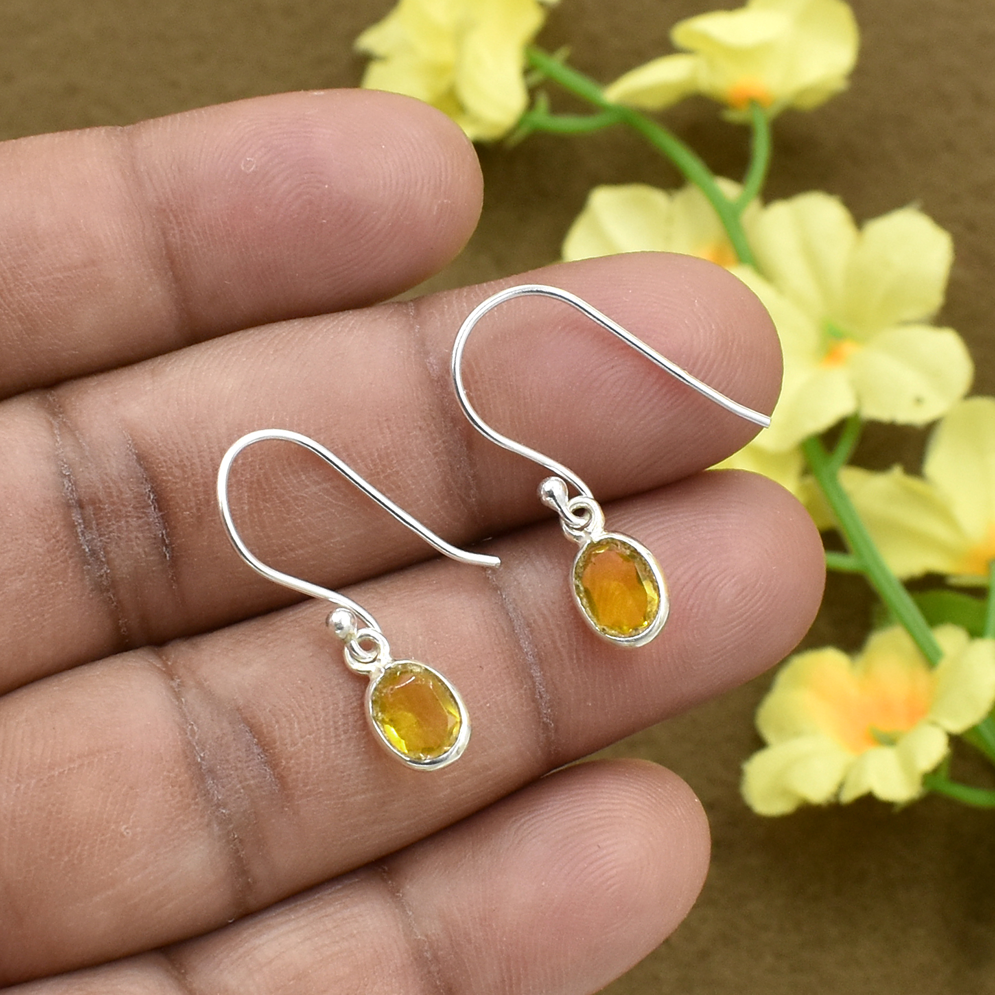 Silvesto India Natural Citrine Quartz Gemstone Earring 925 Sterling Silver Dangle Drop Fashion Earring Gender: Children