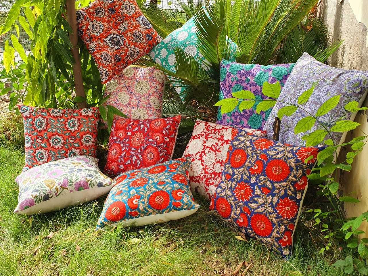 Hand Block Print Cushion Cover - 100% Cotton, 16x16 Inch Square | Multi-color, Handmade, Customizable Logos And Styles