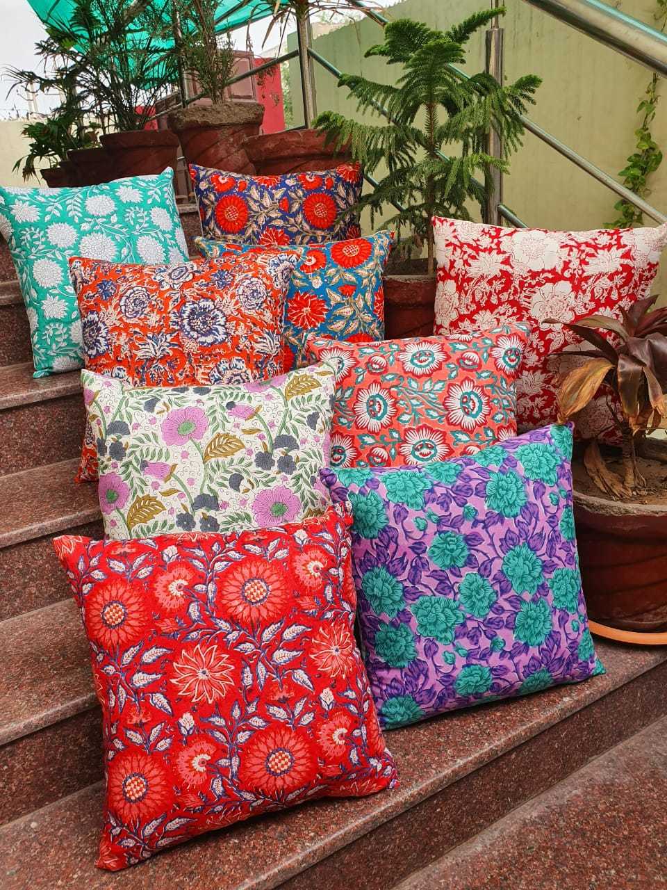 Hand Block Print Cushion Cover - 100% Cotton, 16x16 Inch Square | Multi-color, Handmade, Customizable Logos And Styles