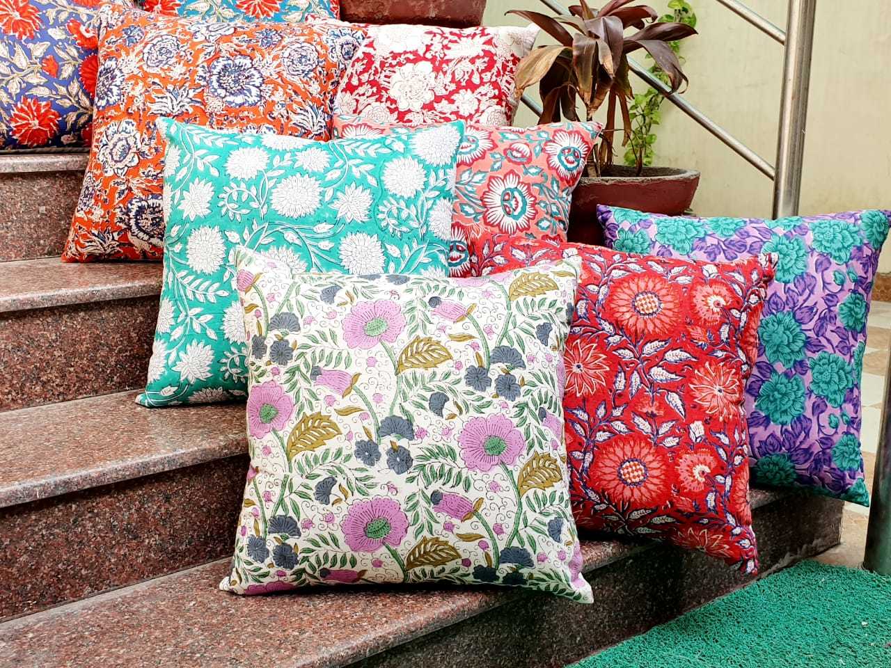 Hand Block Print Cushion Cover - 100% Cotton, 16x16 Inch Square | Multi-color, Handmade, Customizable Logos And Styles
