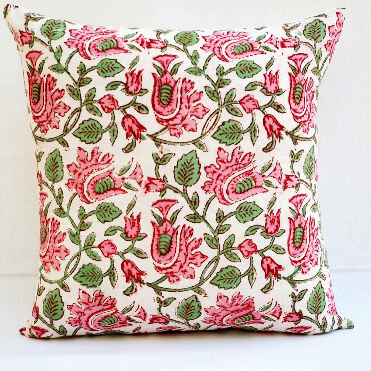 Hand Block Print Cotton Cushion Cover - 16x16 Inch, Multi-color, 100% Organic Cotton, Handmade With Vegetable Dye Print, Square Shape, Zipper Closure