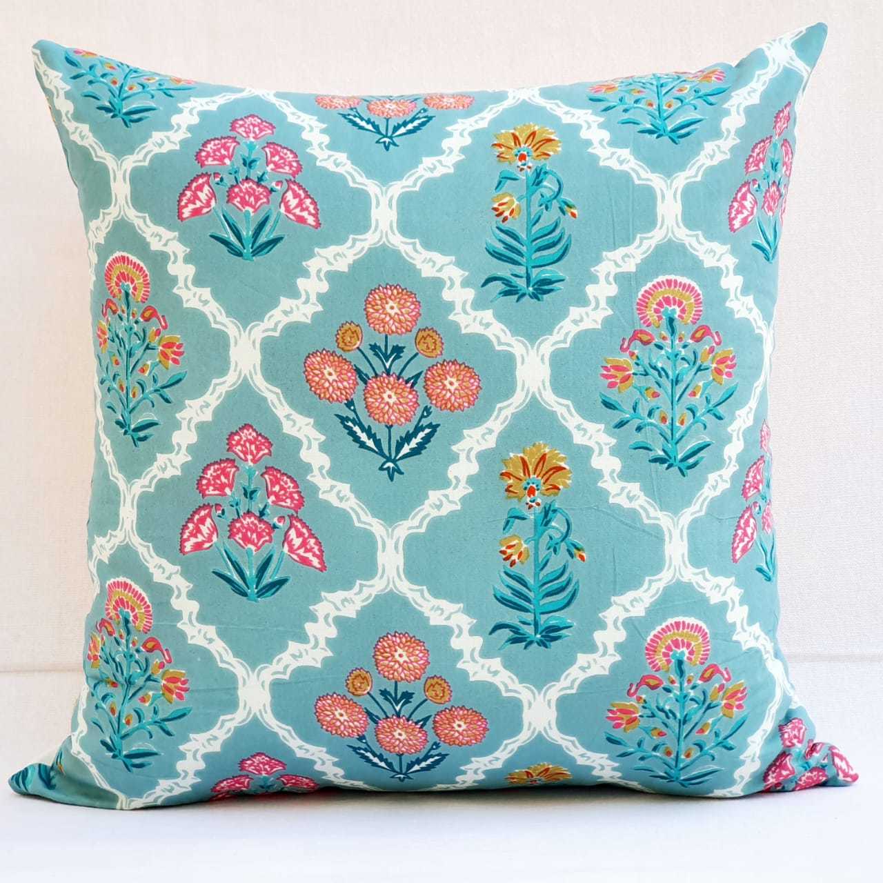 Hand Block Print Cotton Cushion Cover - 16x16 Inch, Multi-color, 100% Organic Cotton, Handmade With Vegetable Dye Print, Square Shape, Zipper Closure