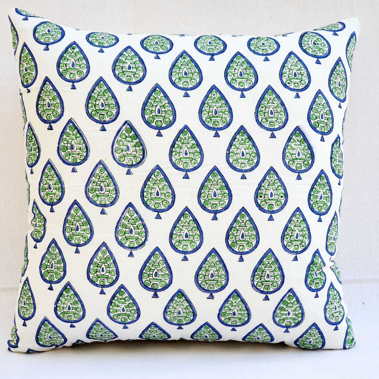 Hand Block Print Cotton Cushion Cover - 16x16 Inch, Multi-color, 100% Organic Cotton, Handmade With Vegetable Dye Print, Square Shape, Zipper Closure