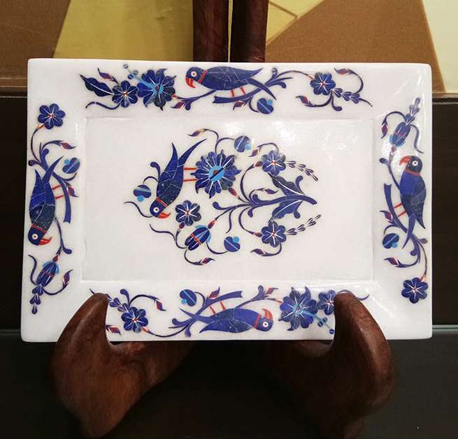 Printed Marble Chess Board - Marble 10x15 Cm White, Polished Finish, Floral Inlay, Elegant Decorative Design