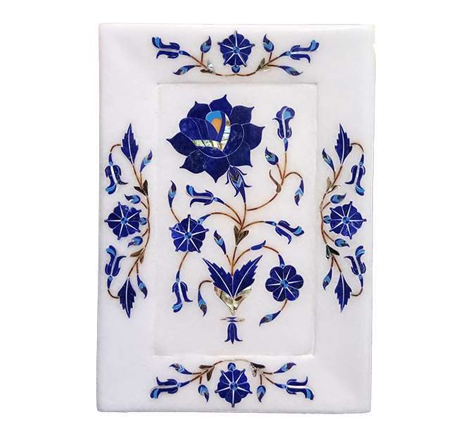 Printed Marble Chess Board - Marble 10x15 Cm White, Polished Finish, Floral Inlay, Elegant Decorative Design