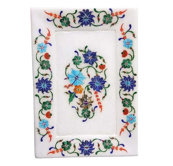 Printed Marble Chess Board - Marble 10x15 Cm White, Polished Finish, Floral Inlay, Elegant Decorative Design