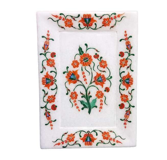 Printed Marble Chess Board - Marble 10x15 Cm White, Polished Finish, Floral Inlay, Elegant Decorative Design