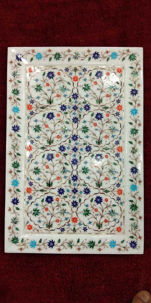 Printed Marble Chess Board - Marble 10x15 Cm White, Polished Finish, Floral Inlay, Elegant Decorative Design