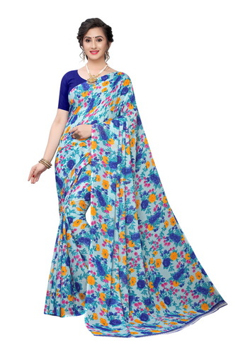Ruffle Georgette Full Printed Flower Saree - Georgette, 6.3 Mtr Length with Attached Blouse Piece | Multi-Season Wear, Floral Patterned Design