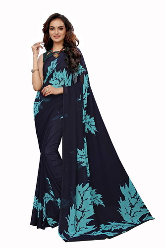 Black And Blue Flower Print - Georgette Fabric, 6.3 Mtr Length with Attached Blouse Piece | Multi-Seasonal Daily Wear Saree for All Occasions