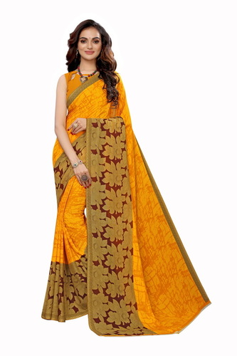 Yellow Printed Saree - Georgette Fabric, 6.3 Mtr Length with Blouse Piece | Daily Wear, Multi-Color, Perfect for All Seasons
