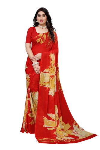 Red Yellow Flowers Printed Saree - Georgette Material, 6.3 Mtr Length with Blouse Piece , Daily Wear | Multi-Color Pattern for All Seasons