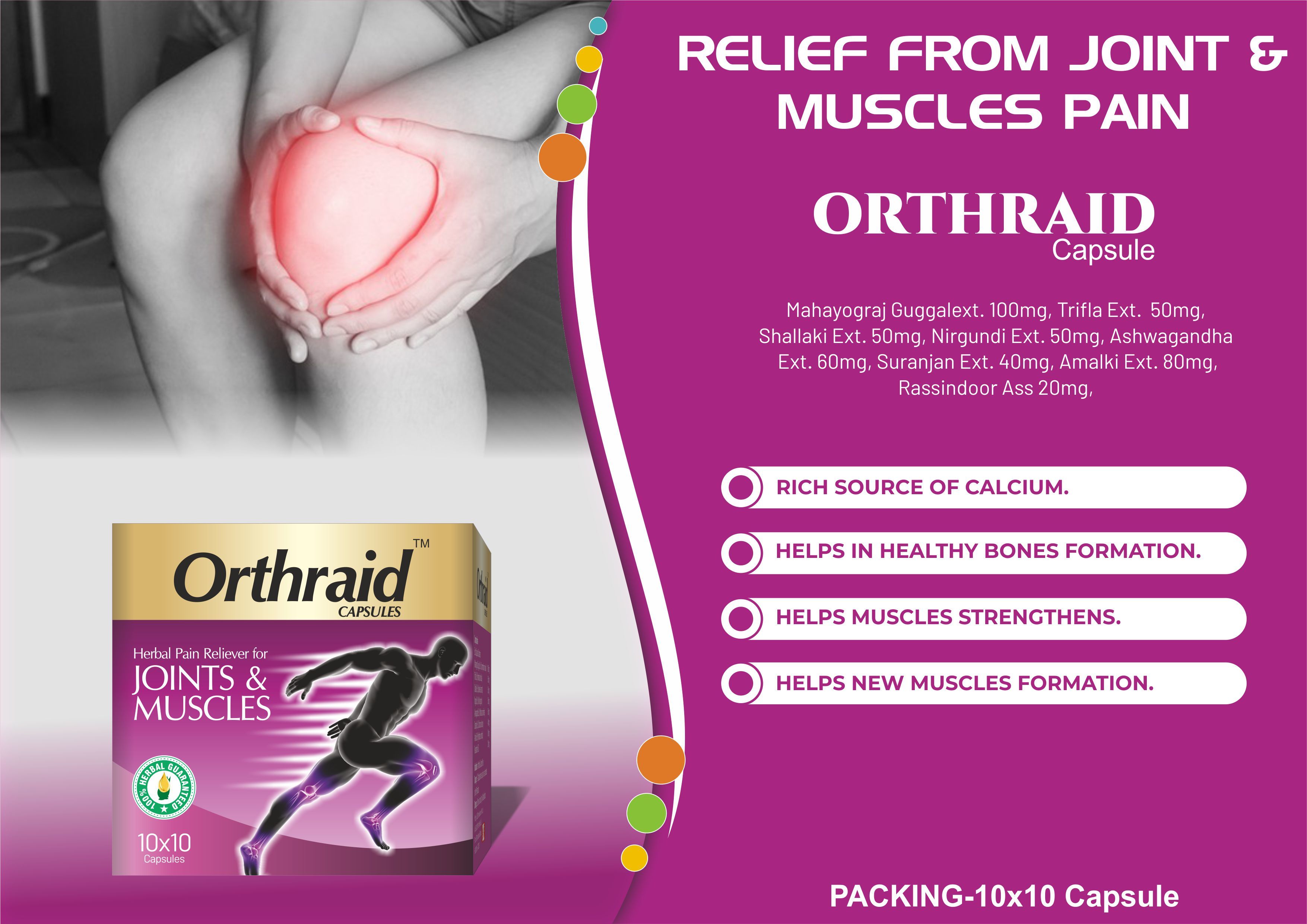 Orthraid Capsule For Hospitals - Herbal Joint Pain Reliever, 100mg Mahayograj Guggal, 60mg Ashwagandha, 50mg Shallaki, 50mg Nirgundi, Tonic For Bone Density