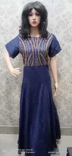 Ladies Gown - Muslin Fabric, Floor Length, Blue Color | Half Sleeves, Round Neck, Party Wear
