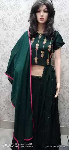Skirt Top - Dola Silk, Dry Wash Only, Green Color, Short Sleeves, Round Neck, Floral Embroidery, Stylish Crop Top