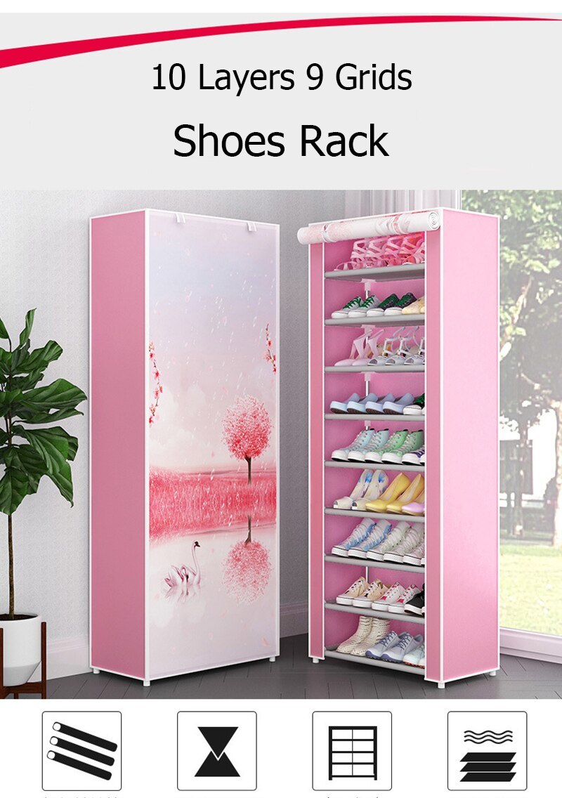 Hk 10 Layer Shoe Rack - Non-woven Fabric 60x30x160 Cm | Random Printed Design, Button Closure Handle, Ideal For Saree Storage