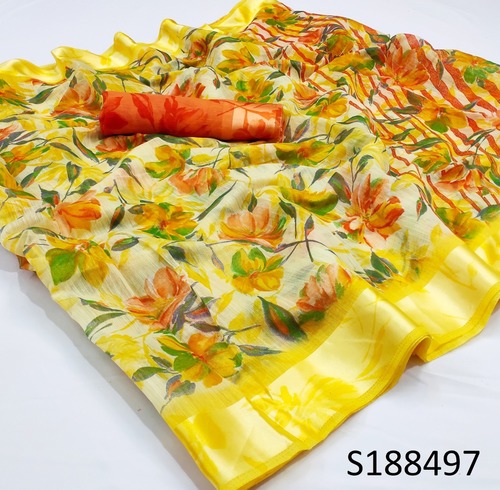 Full Printed Satin Saree - Satin Fabric, Length: 5.5 Mtr with 0.8 Mtr Blouse , Multicolor Floral Print for Daily Wear in All Seasons