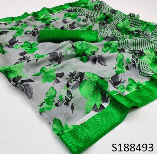 Flower Print Green Saree - Satin Fabric, 5.5 Mtr Length, Floral Pattern, 0.8 Mtr Blouse, Ideal for Daily Wear, Suitable for All Seasons