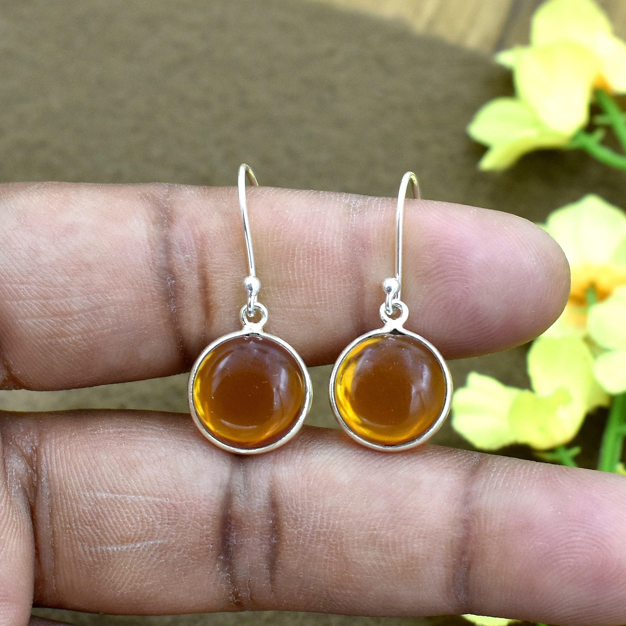 Attractive Yellow Citrine Quartz Round Gemstone Earring 925 Sterling Silver Dangle Drop Fashion Earring